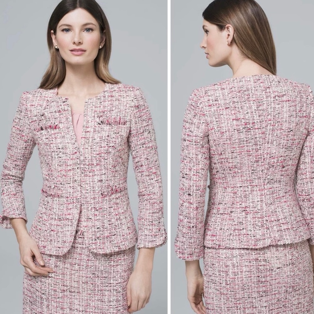 WHBM White House Black Market Women's Tweed Jacket 6 Pink Long Sleeve Pockets